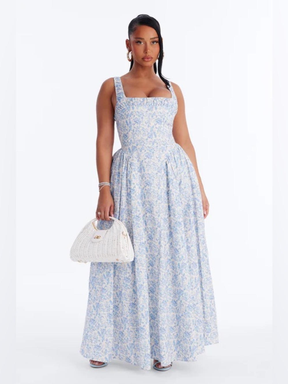Fashion Nova Light Blue Floral Square-Neck Maxi Dress